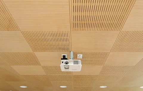 Panneaux acoustiques ab pano 25 au plafond d'une salle de réunion